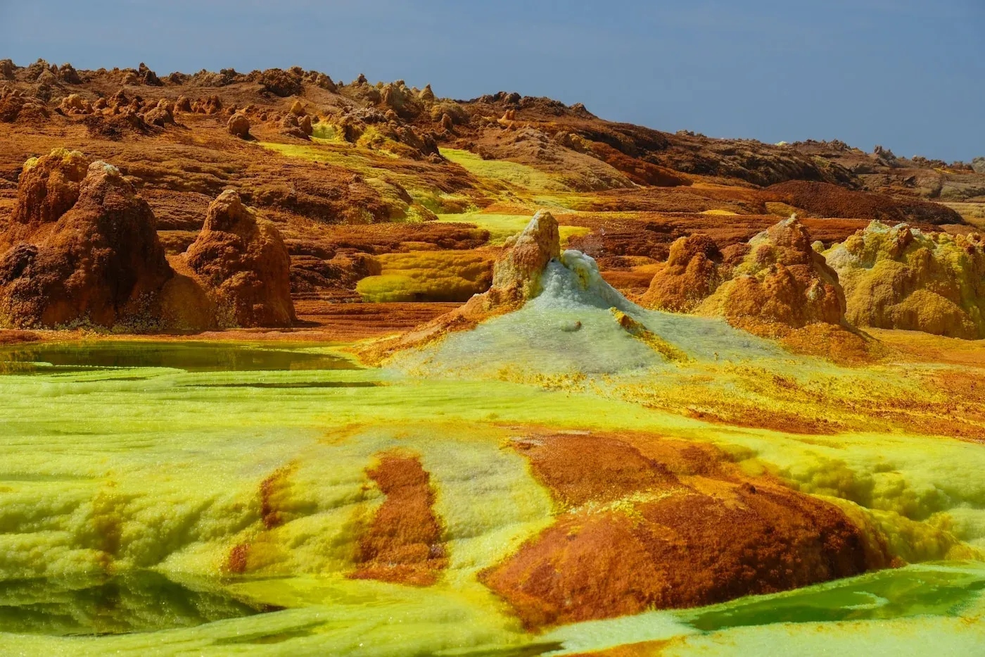 Mineral formations and vivid yellow terrain in Dallol, Ethiopia